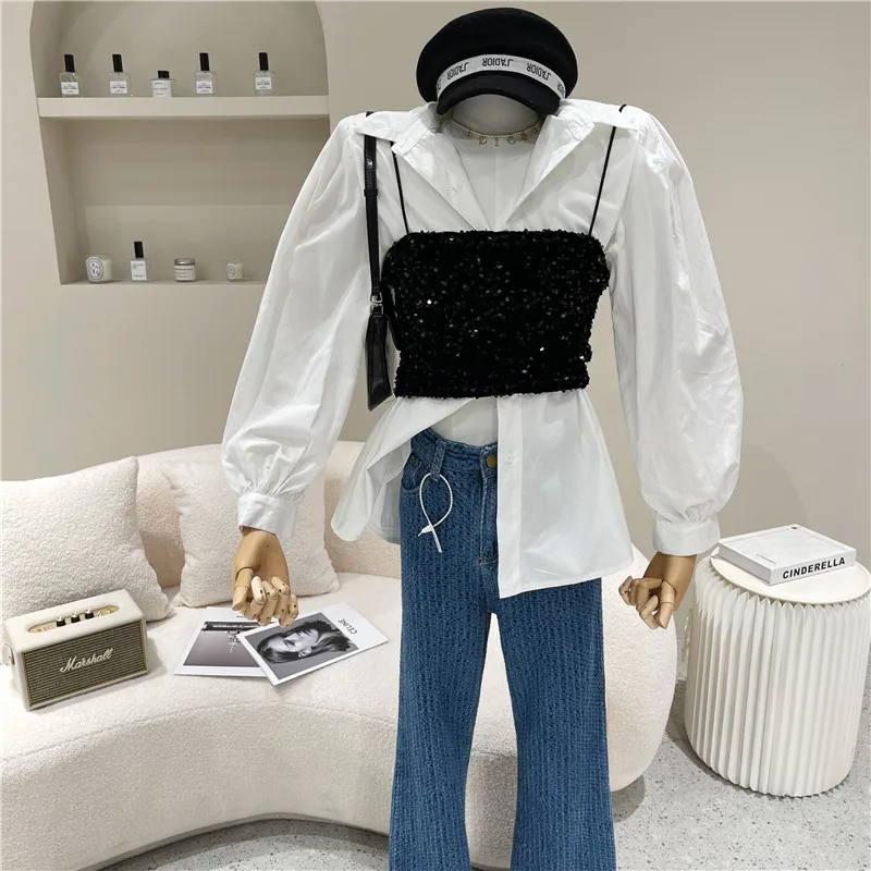 

Two piece set Women's Spring Summer 2021 Fashion Outside Short Sequin vest Bubble sleeve shirt