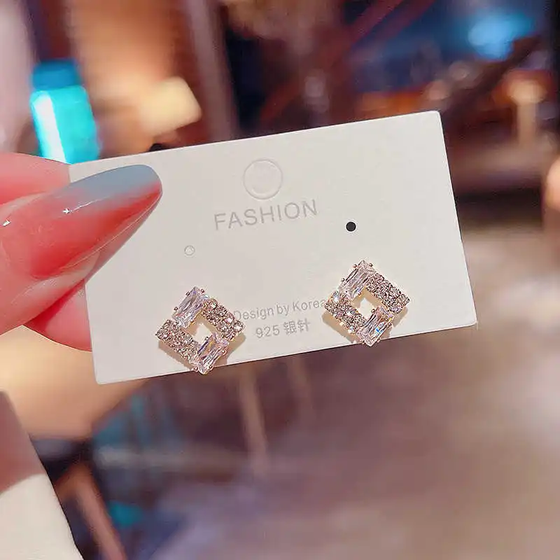 

S925 silver needle Korean version new tide zircon full diamond square geometric Earrings super flash personalized design