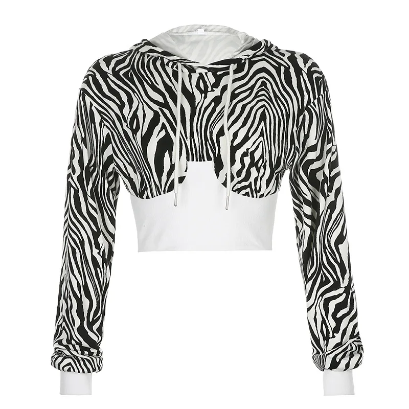 

Anime Hoodie Crop Top Women Short Sweatshirt Long Sleeve Navel Casual Jacket Female Cool Zebra-Stripe Stitching Sexy Fashion