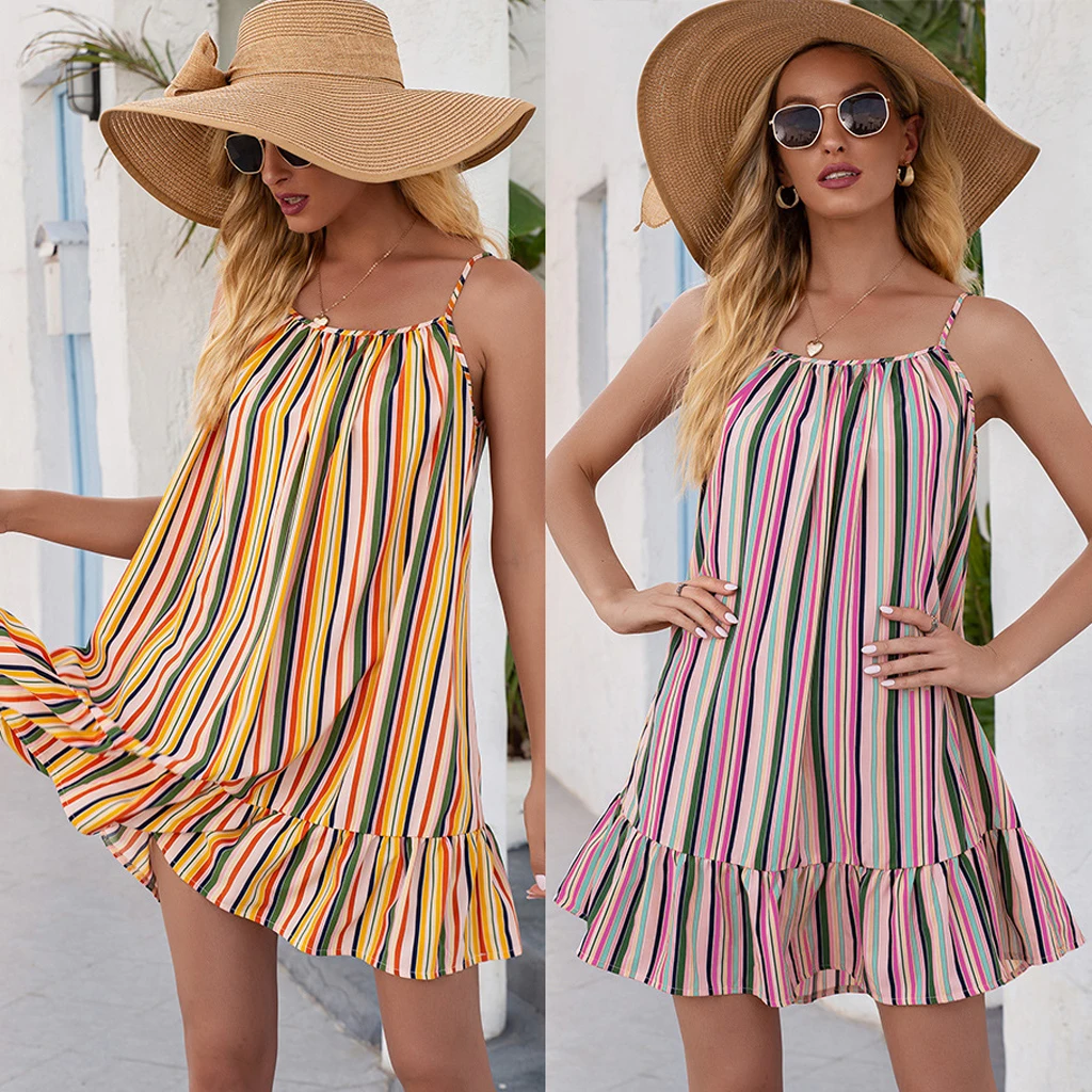 

Summer Beach Dress New Style Women's Color Stripe Print Suspender Mini Sling Dress Women Fashion Sexy Casual Holiday Clothing