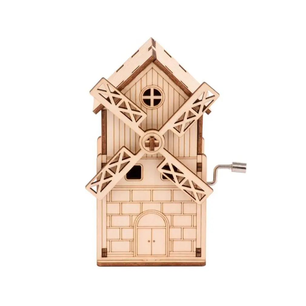 

DIY Wooden 3D Jigsaw Puzzle Hand Cranked Windmill Music Box Assembly Model Building Kits Learning Toys For Children