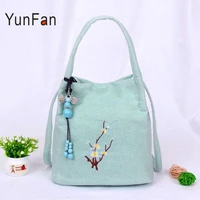 chinese style han dynasty traditional embroidered womens bag cotton and hemp single shoulder slung buckle bucket bag handbag