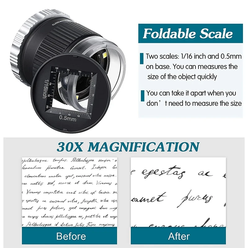 Jewelry Loupe with 3 LED UV Light Optical Glass Lens Magnification 30X Magnifier for Identifying Stamps Antique 2 Pcs | Украшения и
