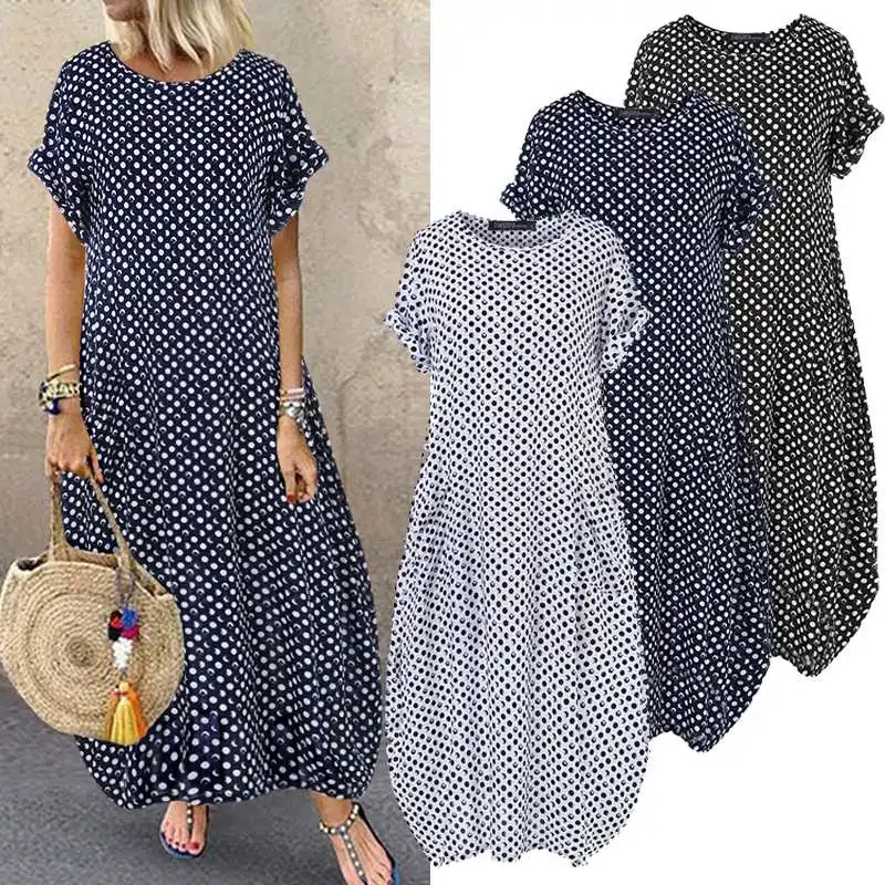 

Bohemian Beach Maxi Dress Womens Printed Summer Sundress ZANZEA 2021 Casual Polka Dot Baggy Sarafans Vestidos Robe