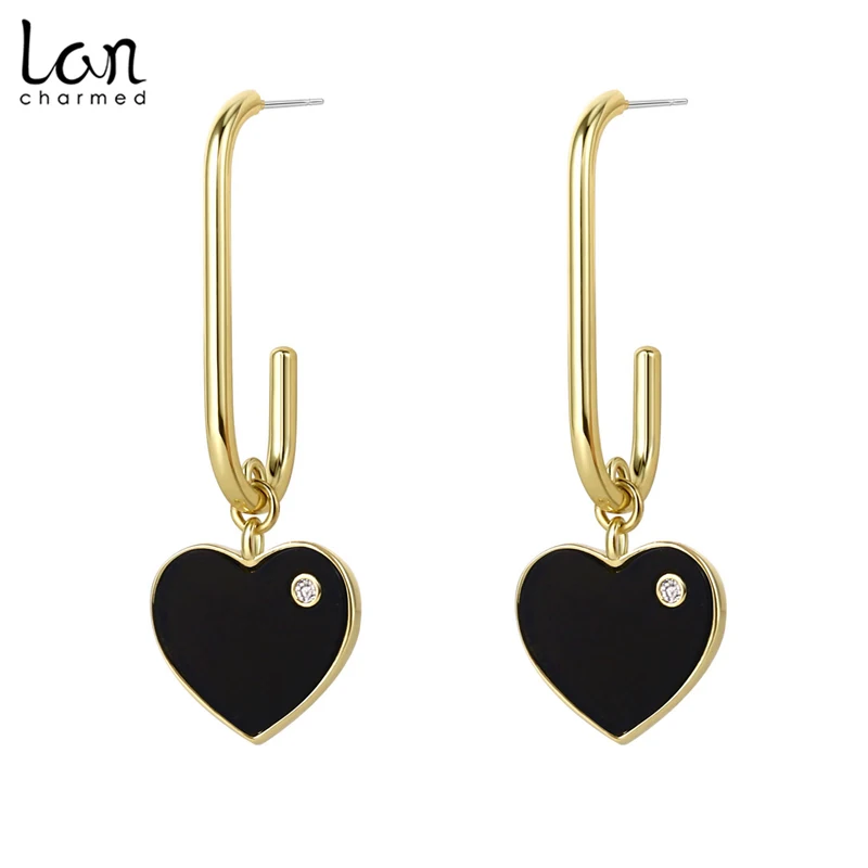 Lancharmed висячие серьги в виде черного сердца акриловые 14 K желтое золото CZ