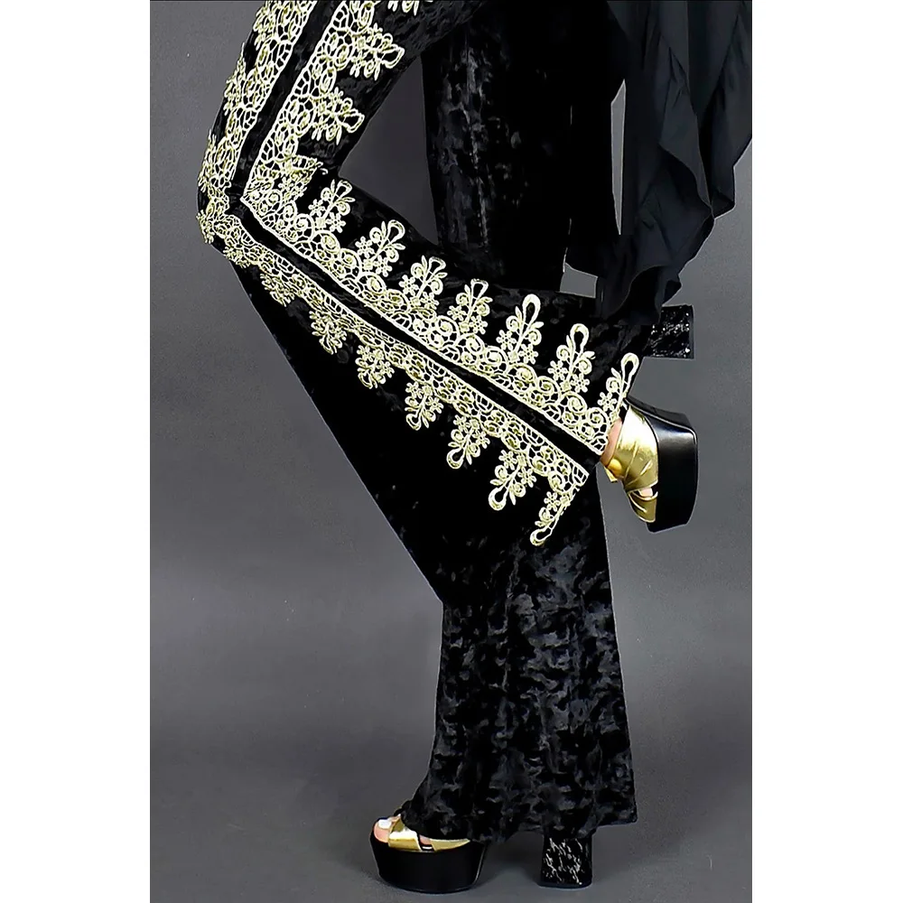 New Fall/winter New European and American Trousers Women's Velvet High Waist Unique Embroidery Slim Flared Trousers