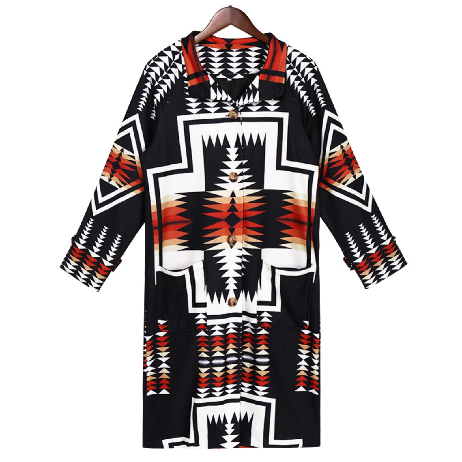 

Women Winter Warm Long Sleeve Color Block Retro Floral Print Coat Outerwear