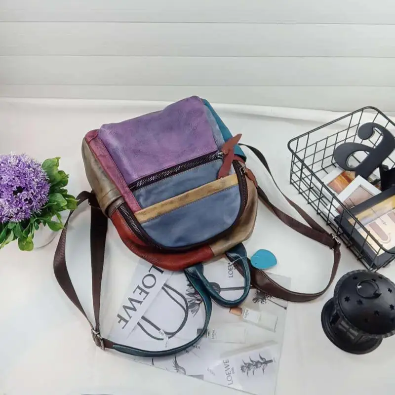 Женский винтажный рюкзак на плечо Johnature из воловьей кожи с вставками в стиле