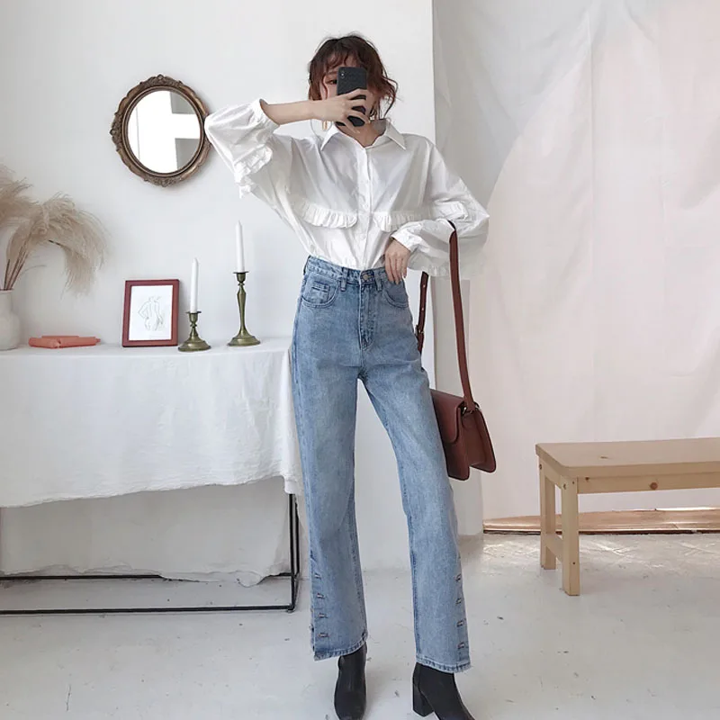 

2021New Fashion High Waist Water Wash Jeans Streetwear Blue Denim Trousers Loose Vintage Split Flare Pants Women Korean