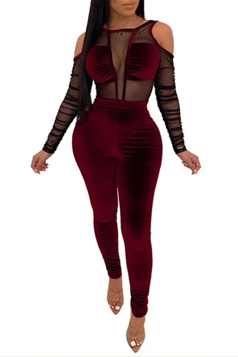 

Sexy Women's Set 2PCS Club Mesh See Through Velvet Patchwork Off Shoulder Bodysuits High Waist Pencil Pants Leggings 2020 New