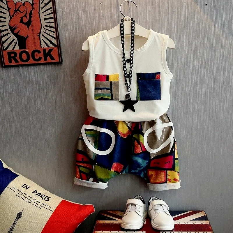 

Summer New Abstract Pocket pants For Boys+Harem Pants Suit Kids Fashion Boys Clothing Sets 2021Children Clothing 2-6Y