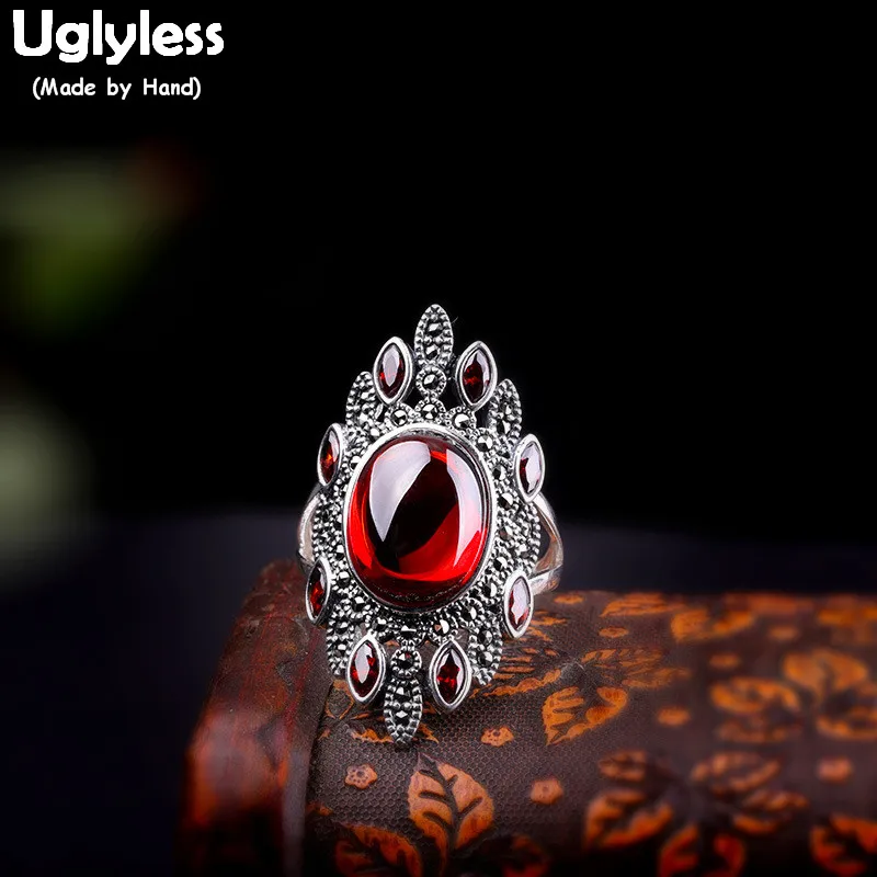 

Uglyless Sexy Exotic Garnet Red Gemstones Rings for Women Exaggerated Wide Open Rings 925 Silver Floral Marcasite Jewelry R803