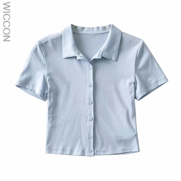 

Solid Color Top Women Short Sleeve T- shirt Ribbed Button Cardigan Crop top Women T Shirt Casual Summer tshirt 2021