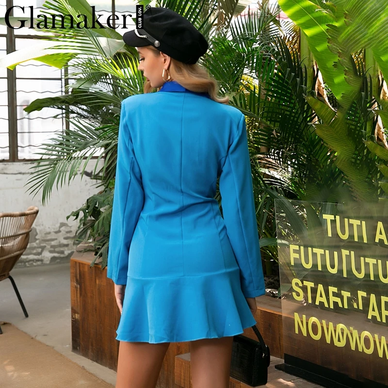Glamaker, Осеннее винтажное платье-Блейзер, женское лоскутное сатиновое Королевское синее зимнее сексуальное платье, Ретро стиль, с рюшами, короткое вечернее платье, vestidos
