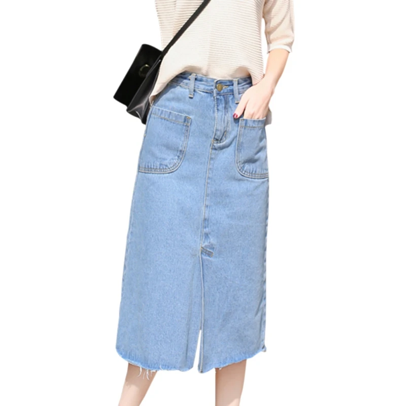 Light Blue Женская джинсовая юбка Уличная Асимметричная однотонная трапециевидная юбка с высокой талией с карманами женские юбки тонкая летняя Женская длинная юбка - Цвет: Light Blue