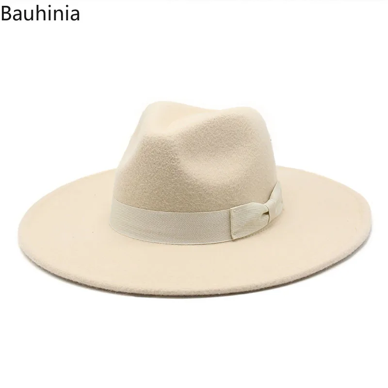 

Bauhinia New Winter Wool Fedoras Hat 9CM Wide Brim Ribbon Bowknot Hat Solid Color Wedding Decorate Formal Dress Cap