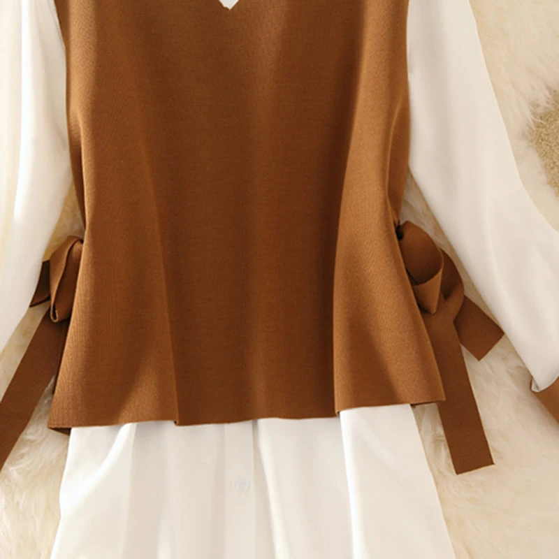 Осень зима 2020 новинка Корейская рубашка + жилет платье костюм женский маленький