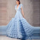 Модное платье для выпускного вечера с двойным глубоким V-образным вырезом многослойное бальное платье из тюля с оборками со шлейфом синее платье подружки невесты Доступные размеры