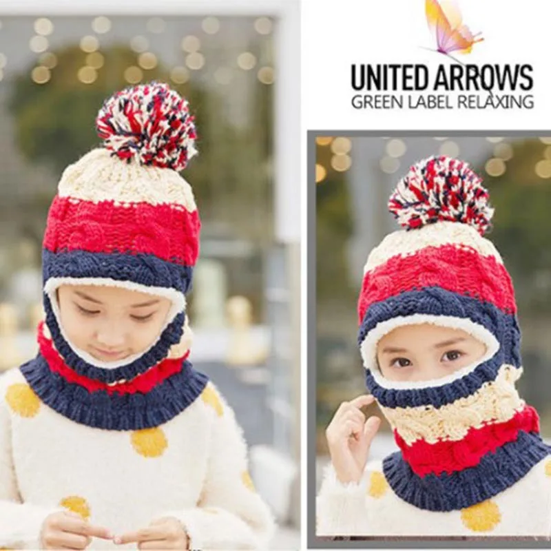 

Pompom Kids Winter Hats Ears Girls Boys Children Warm Caps Scarf Set Baby Bonnet Enfant Knitted Cute Hat Best Gift