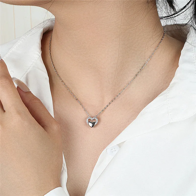 

Trendy Double Heart Pendant Necklace Women Jewelry Shining CZ Girls Clavicle Necklace 925 Silver Women Accessories Female Gift