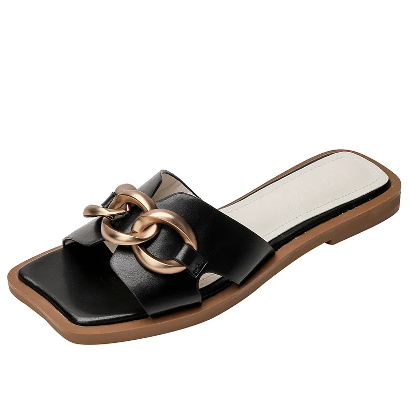 

One-word sandals and slippers women's summer 2021 new style square-toe flat-bottomed half-support sandals