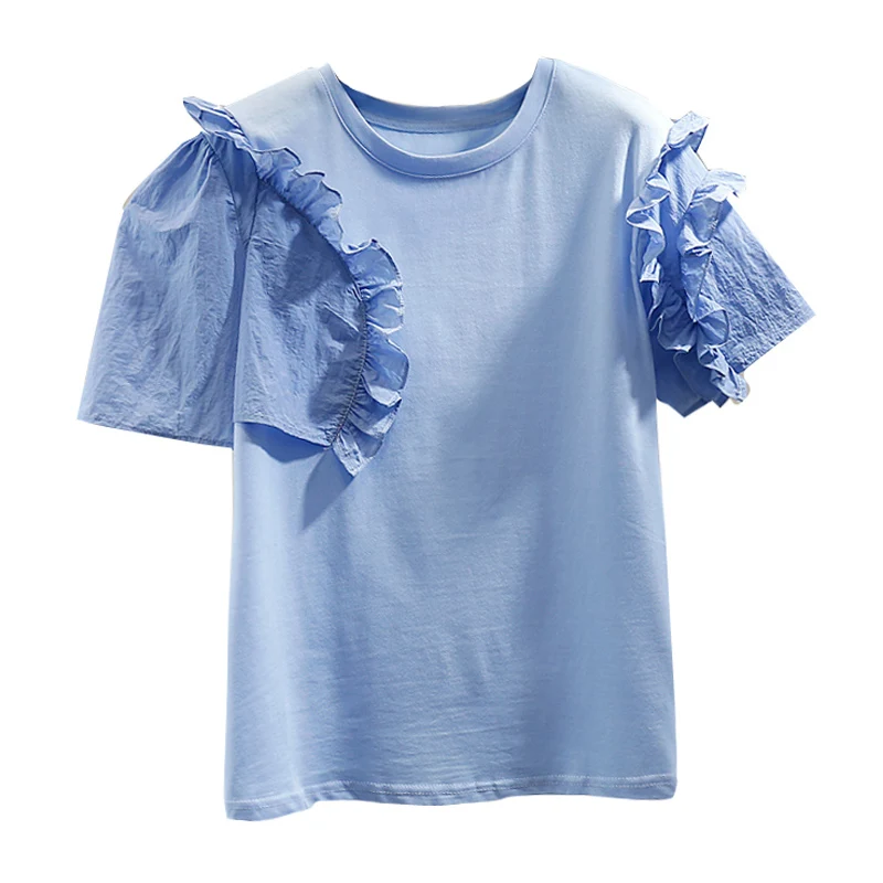 

Women Summer Short Sleeve Cotton T Shirt Fashion Ruffles Splicing Pullover Tops New Casual All-Matching Tee