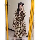 Пальто из искусственного меха с леопардовым принтом, с длинным рукавом и поясом, меховая куртка с отложным воротником, зимнее пальто, женское плюшевое пальто