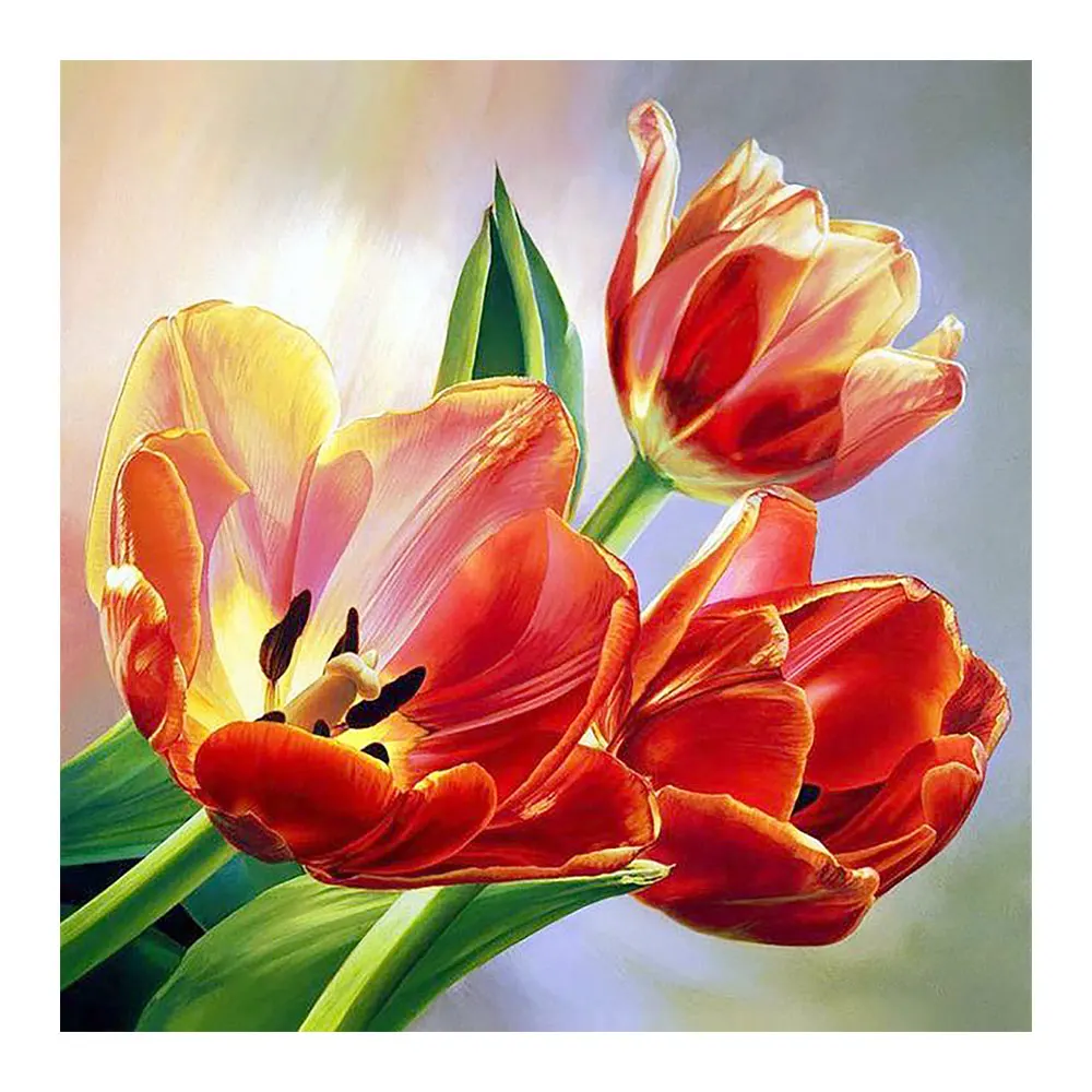 Фото Алмазная живопись с цветущими тюльпанами Круглая Мозаика для творчества вышивка