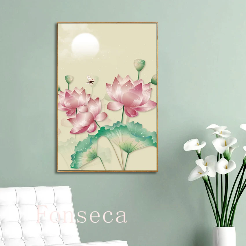 

Chinese Style Elegant Lotus Poster Art Flower Moon Canvas Painting Modern Home Decor Wall Pictures For Living Room Bedroom