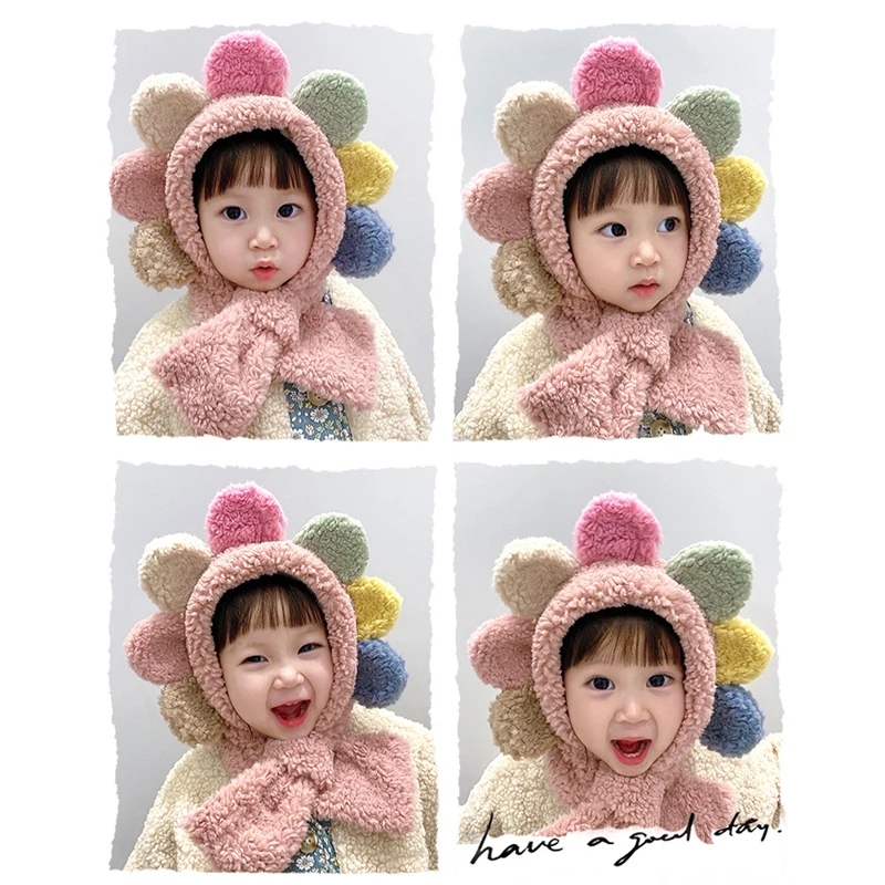 

Cute Flower Ears Baby Hat Soft Plush Beanie Cap Warm Infant Cap Short Plush Hooded Children Scarf Kids Cap Baby Stuff for 1-5 Y
