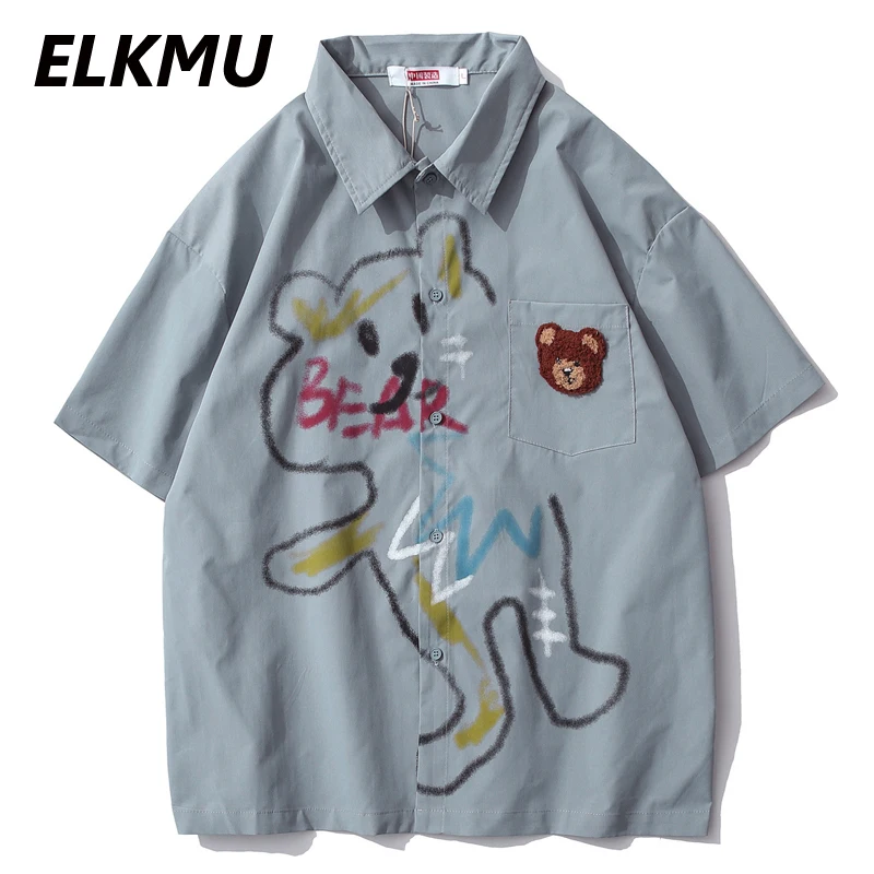 

ELKMU Streetwear Cartoon Bear Graffiti Shirts Men Summer Purple Shirts Short Sleeve Casual Holiday Blouse Tops Male HM185