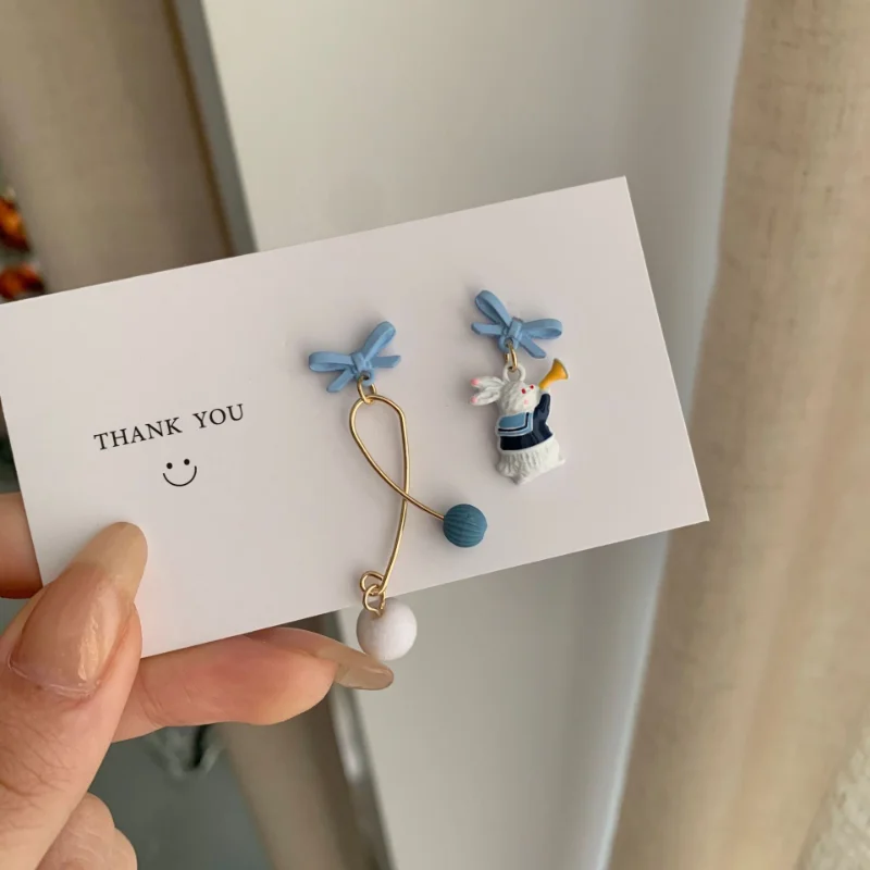 

S925 Silver Needle Trendy Girl Bow Earrings Cute Bunny Earrings Temperament Asymmetrical Ear Clips Cute Earrings Stud Earrings