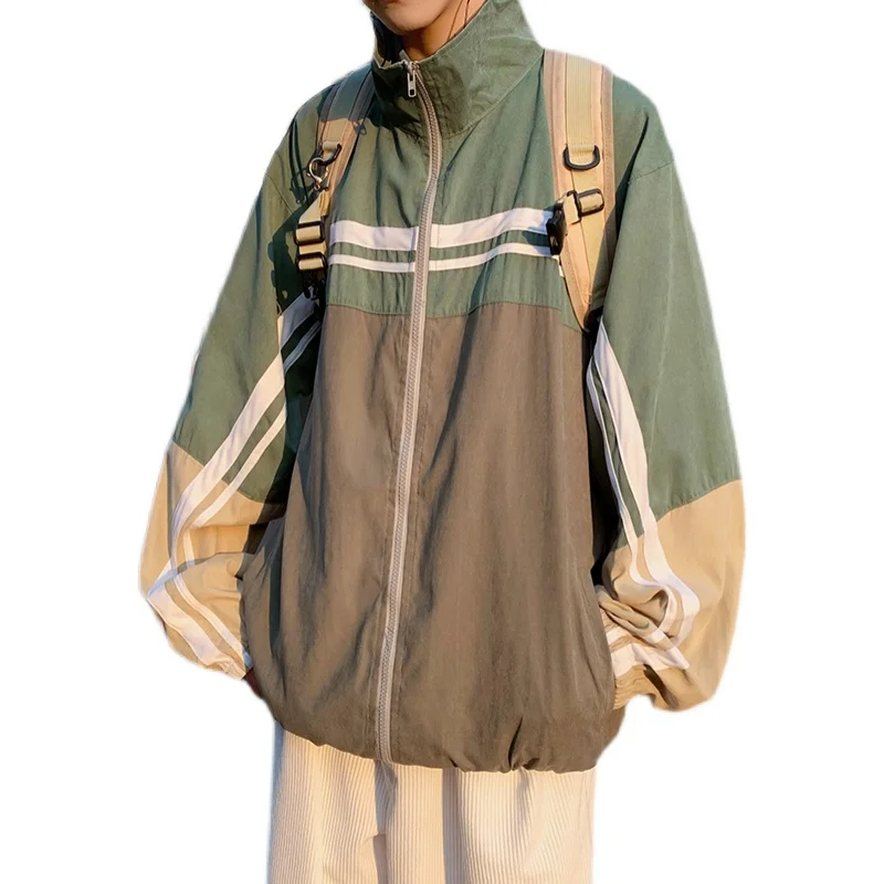 

Spring Retro Color Matching Casual Jacket Men Loose Zipper Lapel Korean Fashion Trend Ins Handsome Youth Thin Harajuku Outerwear