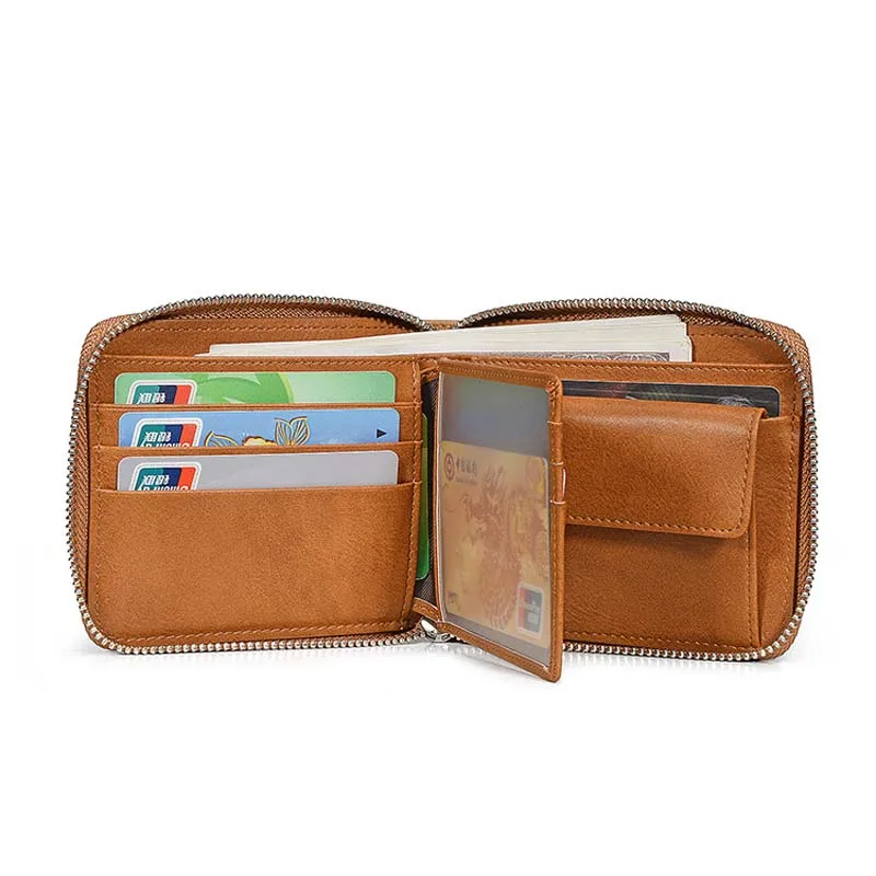 MIRROR SUNNY Retro genuine leather men short wallet multi-functional men's zipper purse vintage male card coin | Багаж и сумки