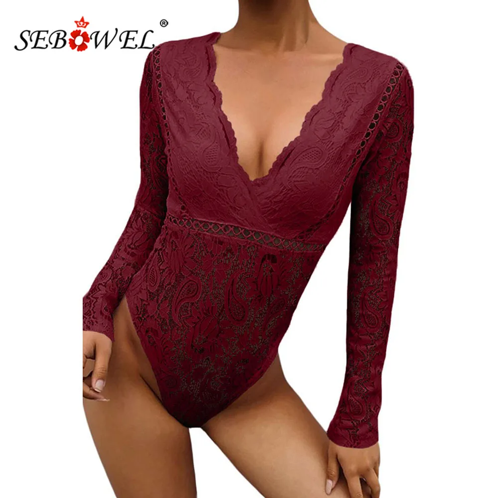 SEBOWEL Новый элегантный женский боди с длинным рукавом и глубоким v образным