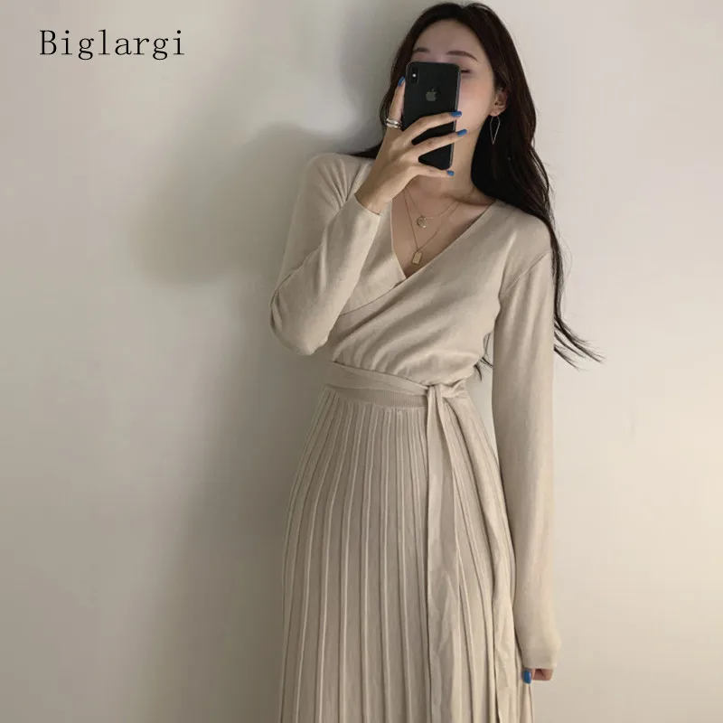 

Knitted Sweater Dress Women Autumn Winter Striped Long Sleeve Pullover Ladies Dresses High Waisted Sweaters Korean New Vestidos