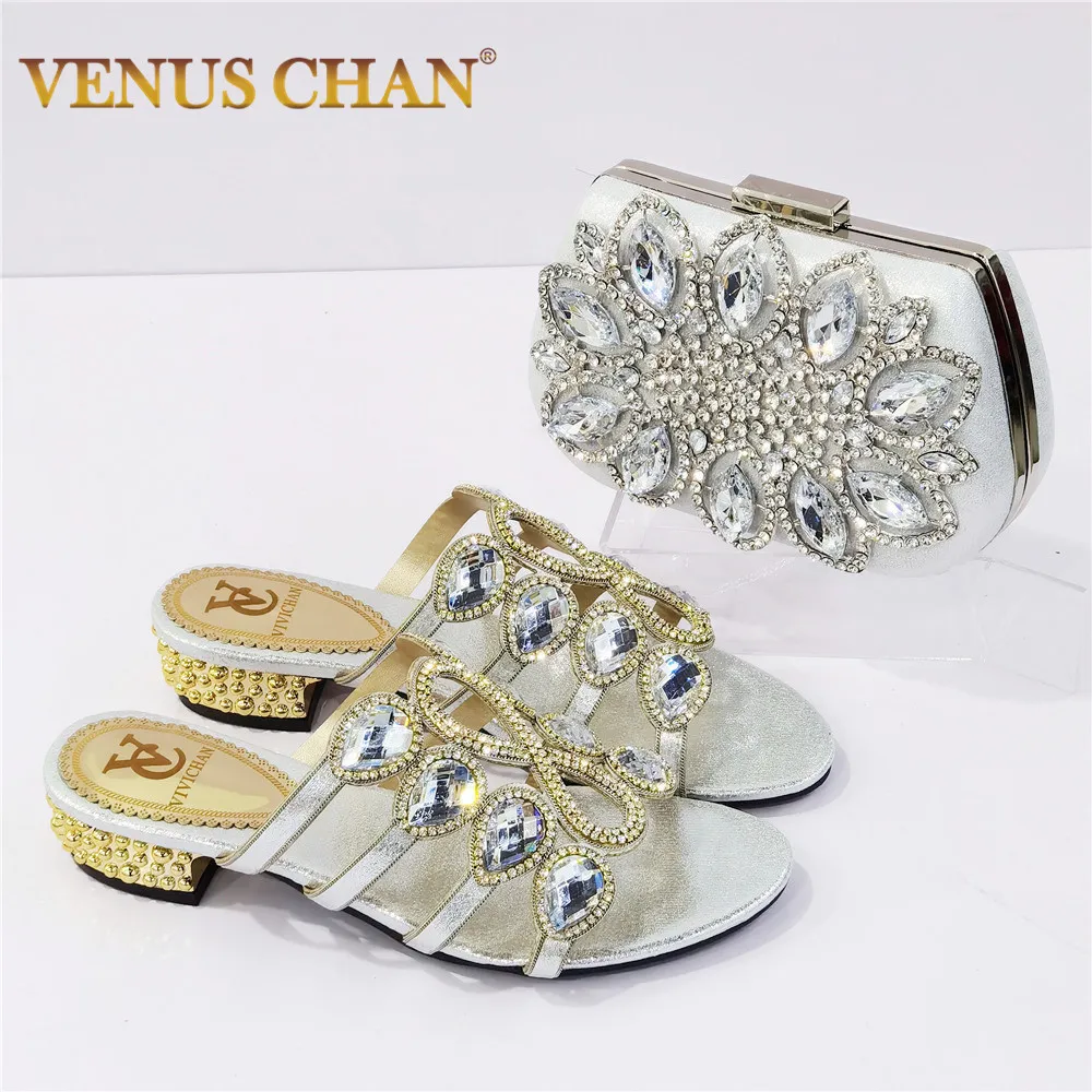 

Italian Design 2021 African Fashion Fullness of Crystal Mixing Metal Style Silver Color Party Wedding Women Shoes and Bag Set