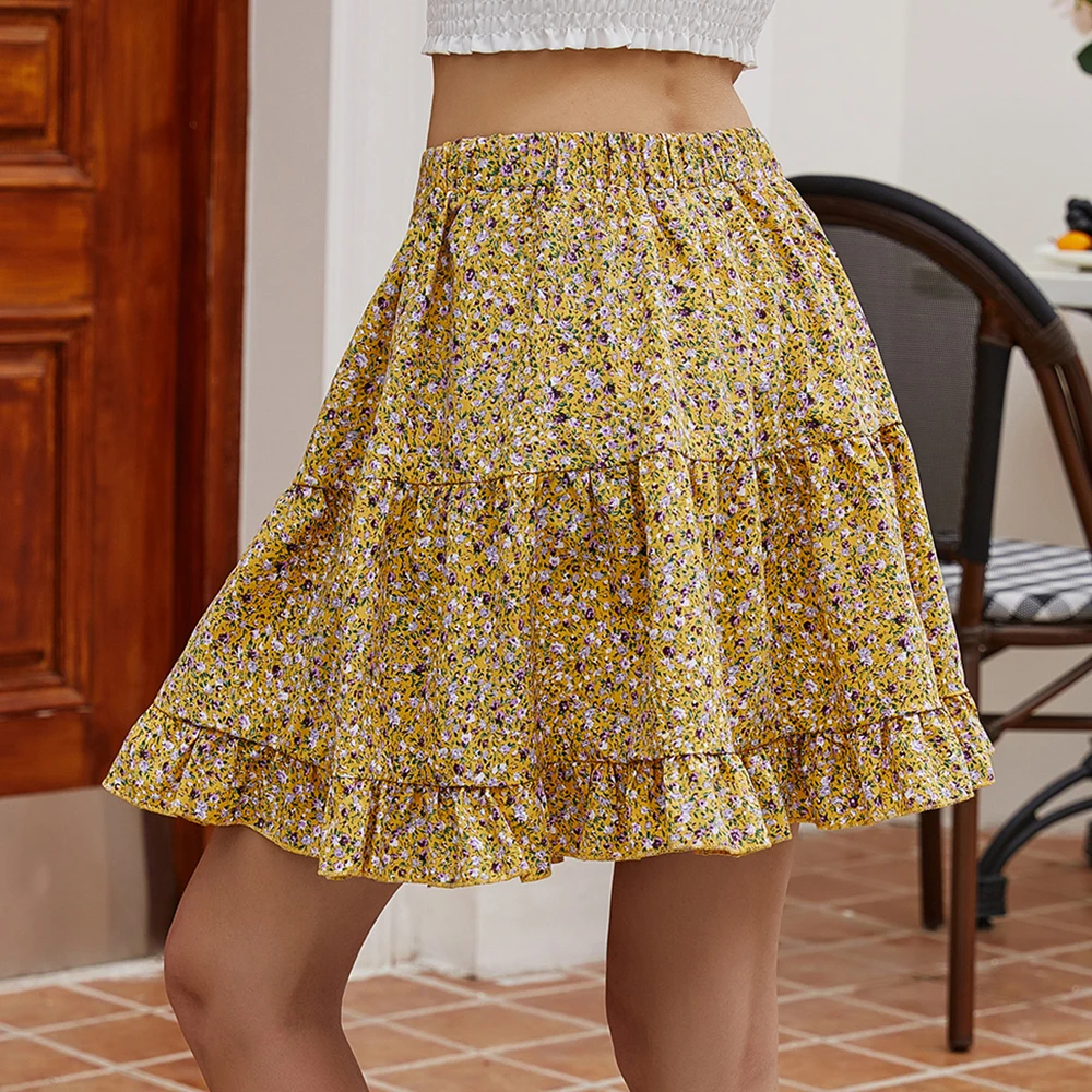 Юбка трапеция женская с цветочным принтом свободная повседневная юбка
