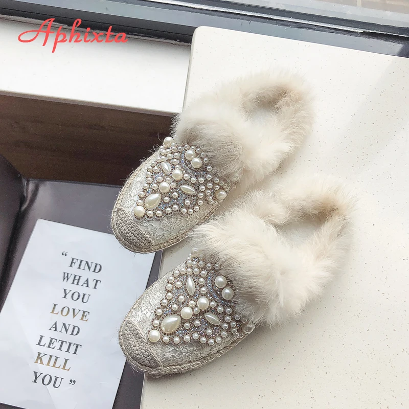 Aphixta Зимние Теплые Тапки из натурального меха женская обувь кружевные жемчужные