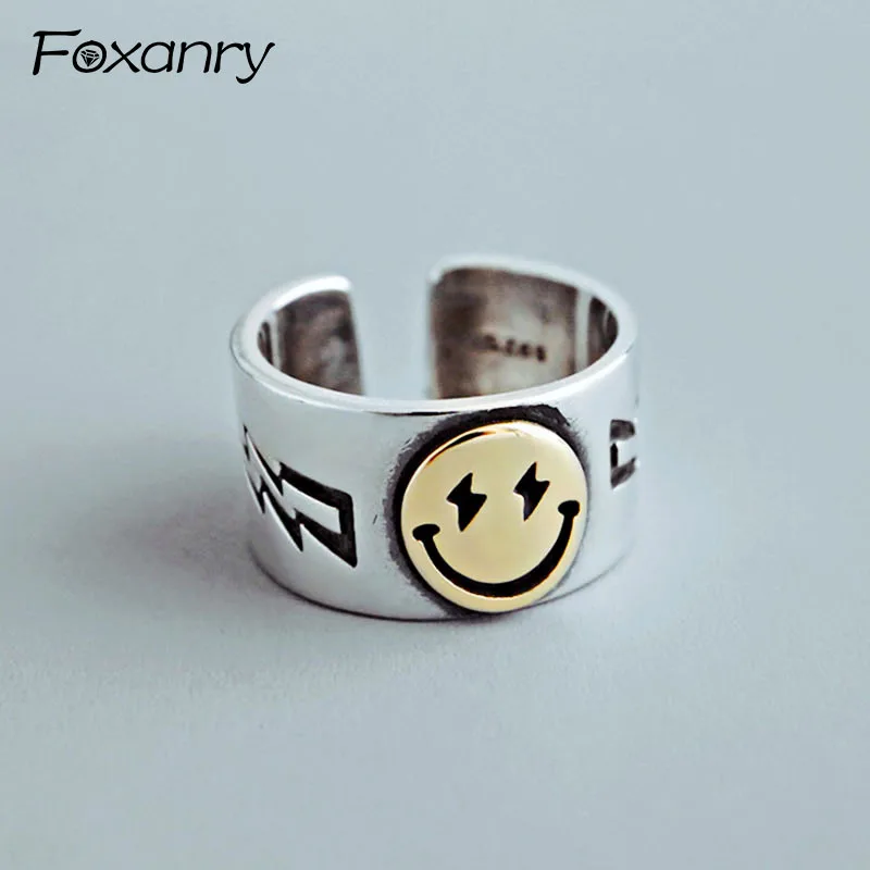 Foxanry 925 пробы серебро новинка Terndy ширина улыбающееся лицо кольца винтажные панк