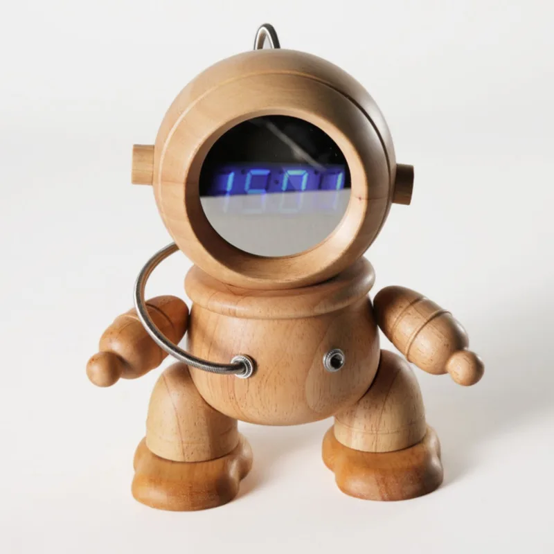 Reloj despertador LED con astronauta de madera, adorno de escritorio de lujo con pantalla de temperatura, de goma tailandesa, decoraci&oacute;n del hogar, regalo creativo-2