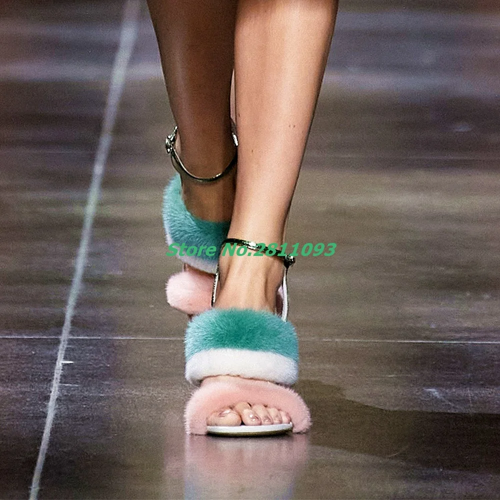

Splicing Mink Hairy Sandals Wedges High Heel Open Toe Ankle Buckle Runway Dress Women Shoes 2022 Spring Summer Fashion Shoes