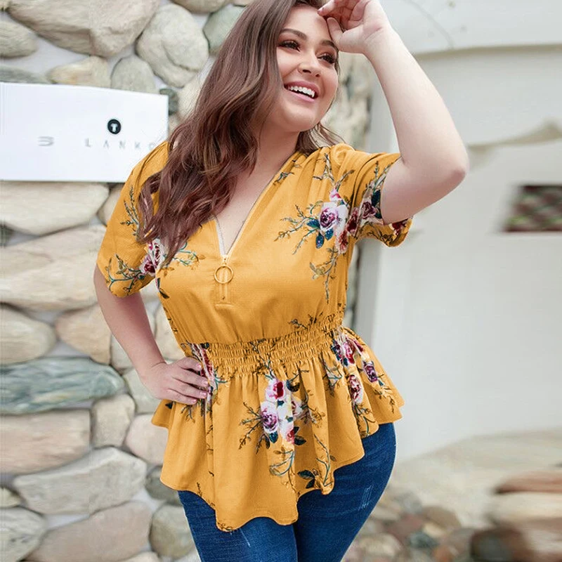 DOIB женская блузка большого размера с цветочным принтом шифоновая блуза коротким