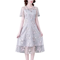 new summer women elegant slim short sleeve long dress high quality mesh flowers embroidery designer runway dress