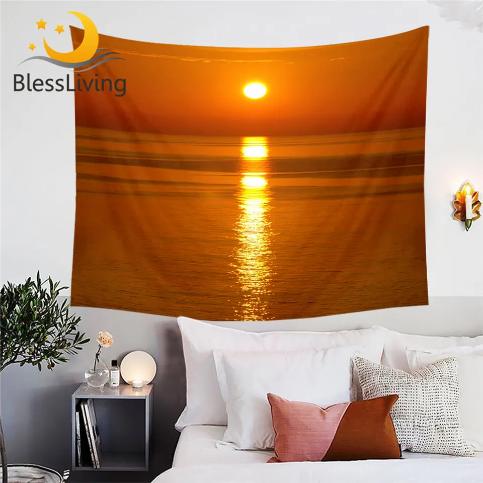 

BlessLiving Sunset Tapestry Spain Majorca View Wall Carpet Microfiber Natural Scenery Home Decor Landscape Wall Hanging Dropship