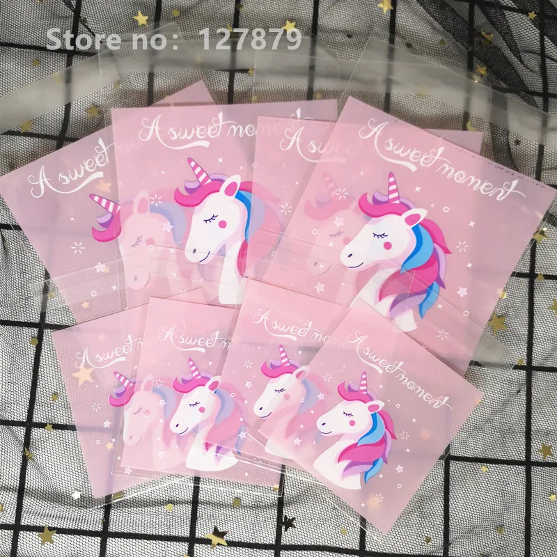 100pcs Cute unicorn Self-adhesive Cookies Bags 2 sizes Plastic Biscuits Candy Packaging Bag Wedding Birthday Party Supplies