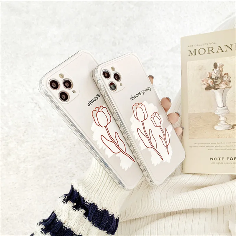 

Retro line Sweet Tulip Flower art Japanese Phone Case for apple iPhone 11 12 Pro Max Xr Xs Max 7 8 Plus X 7Plus case Cute Cover