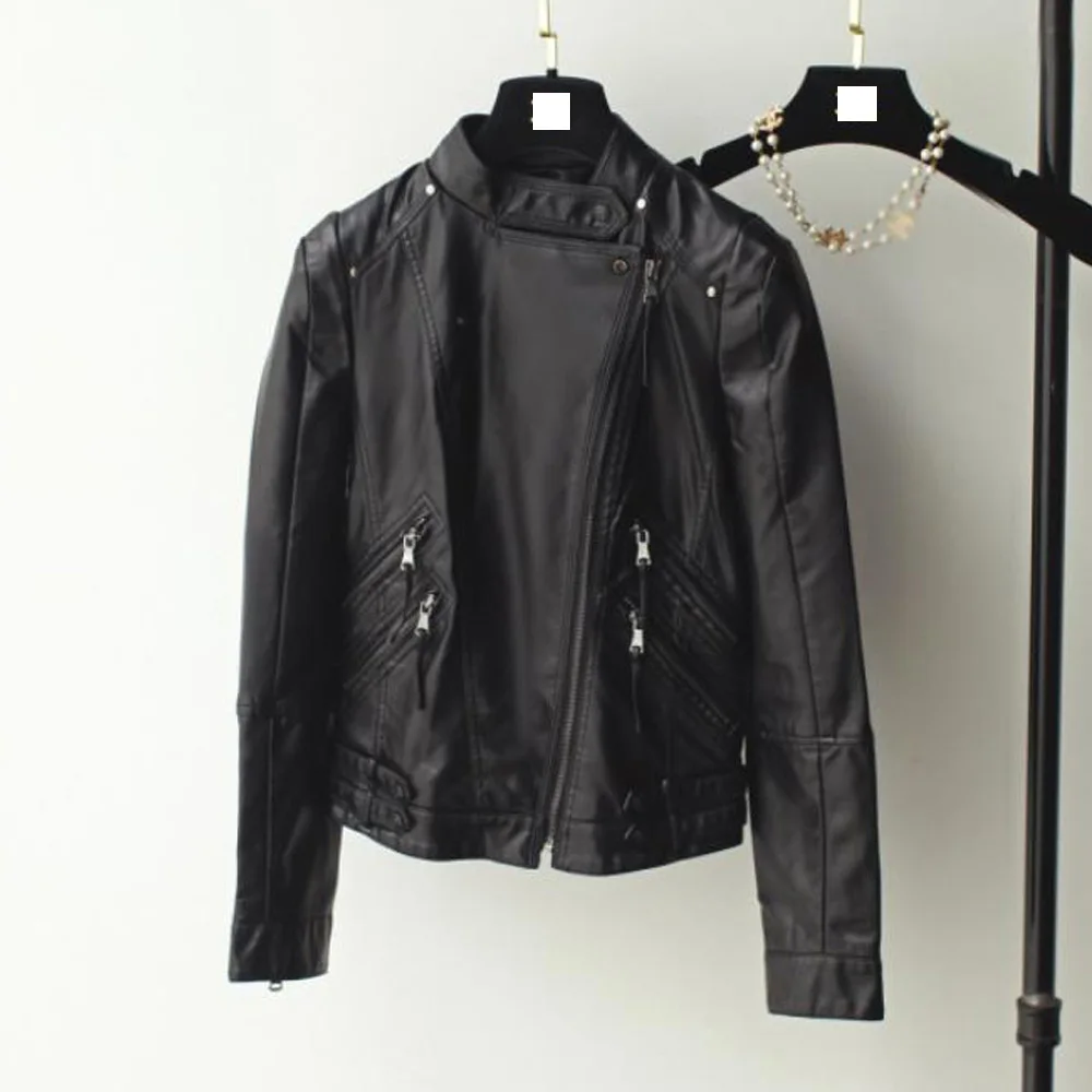 Куртка женская укороченная из искусственной кожи мотоциклетная верхняя одежда в