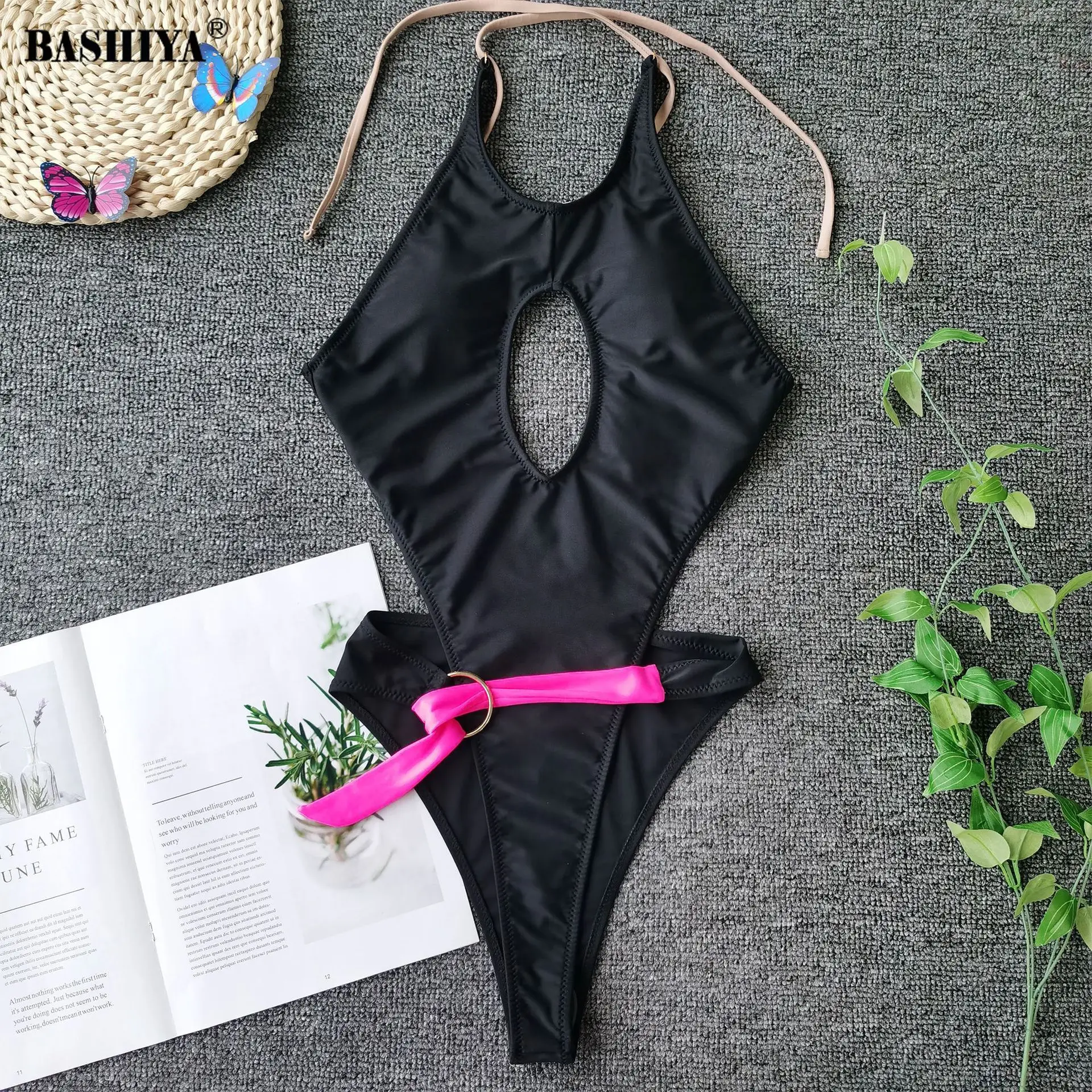 

One-Piece Women's Swimming Suit Sexy Hollow Out With Paded Swimwear Halter Drawtring Belt Bikini Set Solid Beahwear For Summer