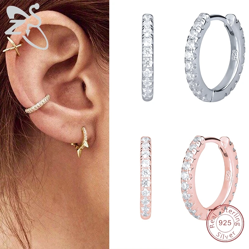 

ZS 1 Pair 100% 925 Sterling Silver Hoop Earring For Women Zircon Round Earring Gold Color Spike Ear Piercing Fashion Jewelry